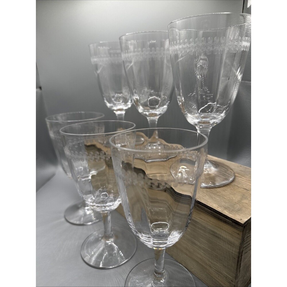 Set of 6 Vintage Fostoria Etch 47 Clear Crystal Water Goblets Wine Stemware 6.3”